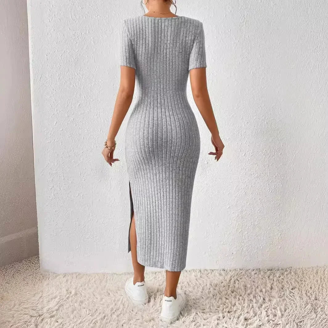Maternity Dresses Hot Fashion Square Neck Side Knit Solid Color Clothes Pregnant Women Short-sleeved Dress Pregnant Women