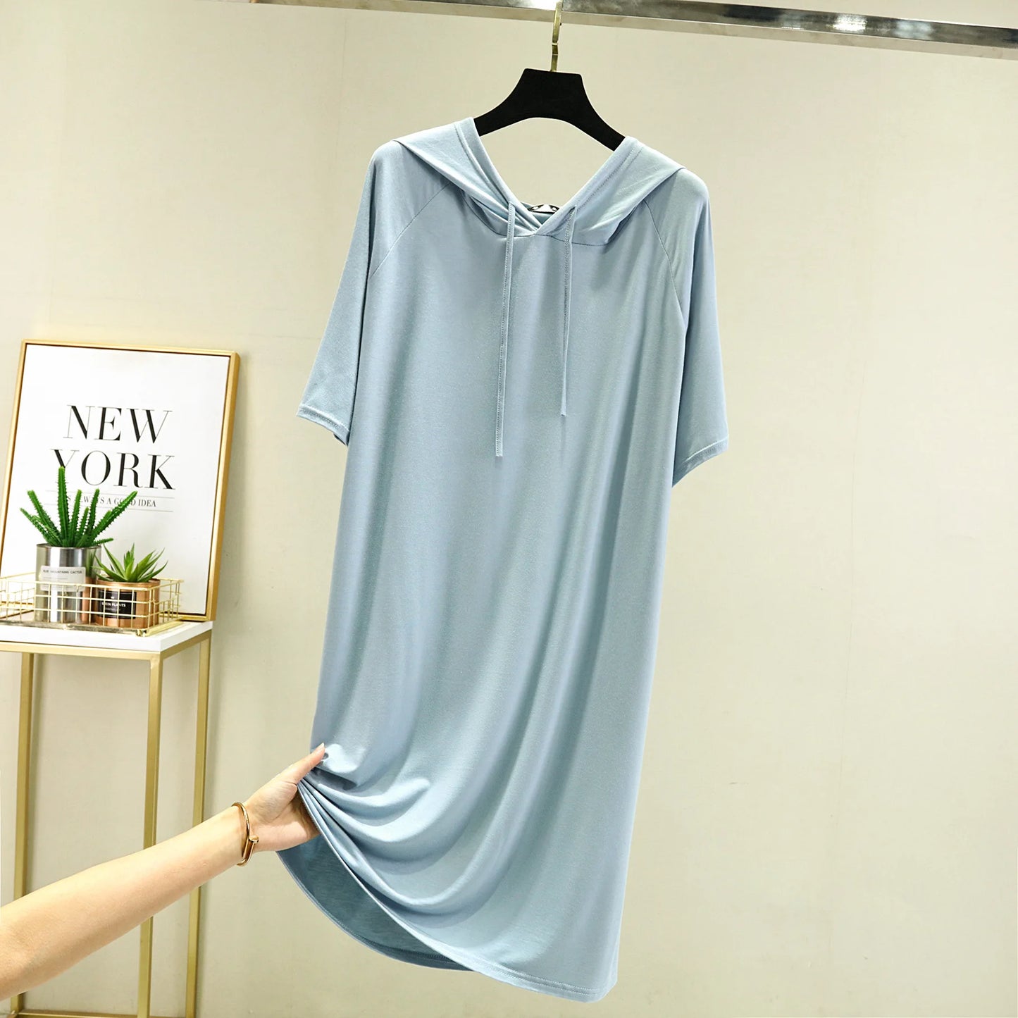 Spring Summer Hooded dress half sleeves Modal Casual Loose Long dress Solid colors female clothing streetwear