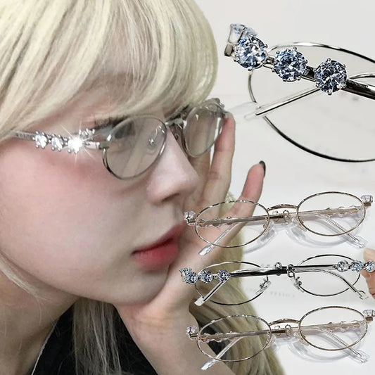 Metal Oval Shades Women Men Rhinestone Diamonds Sunglasses 2024 Unisex Bling Eyeglasses Frames Uv400 Fashion Eyewear Glasses