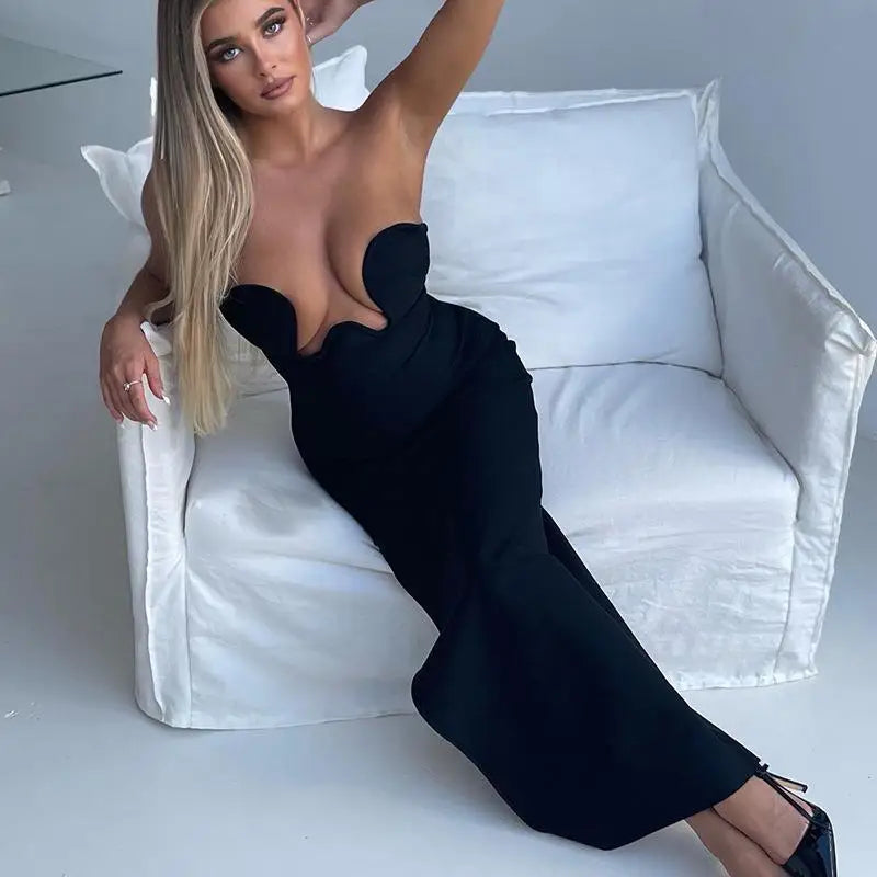 Women's Evening Dress Design Strapless Hollow Out Backless High Waist Side Slit Bodycon Sexy Women Party Club Long Dress