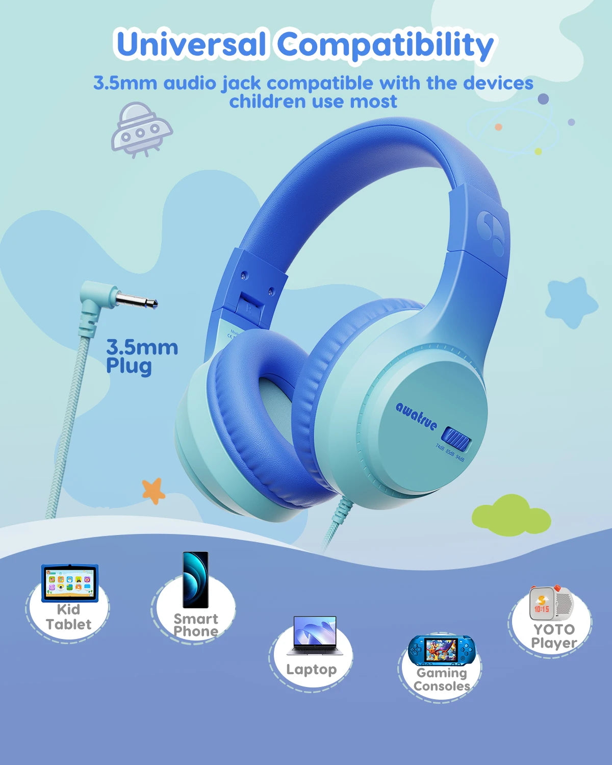 AWATRUE HK07 Kids Wired Headphones Stereo Sound Earphone with Mic Music Study Headset Limited Volume 74dB/85dB for Children