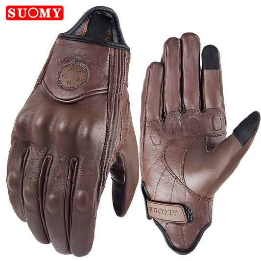 Suomy Vintage Leather Motorcycle Gloves Full Finger Motorbike Equipment Women Men Brown ATV Rider Sports Protect Glove Guantes