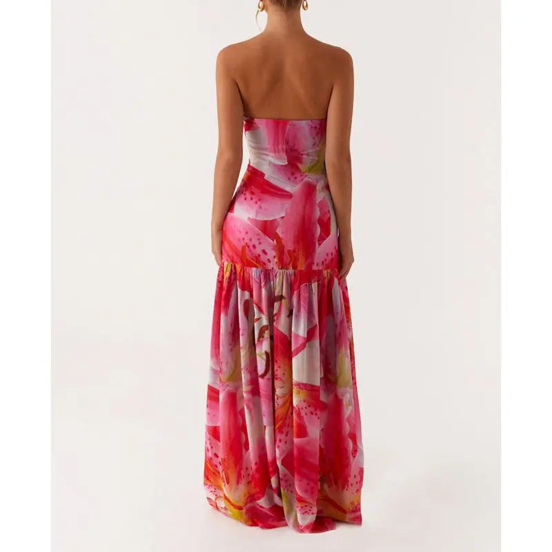 Combhasaki Women Summer Floral Tie-dye Print High Split Backless Ruffled Hem Long Strapless Tube Dress Party Beach Streetwear