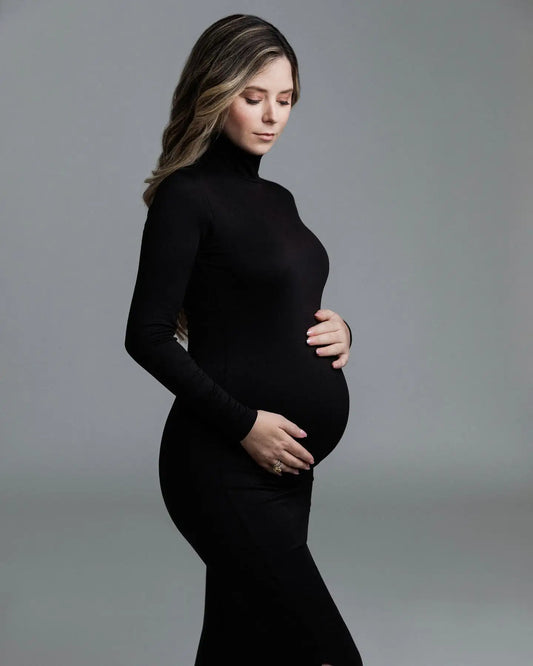 Maternity DressesStylish Maternity Dress for Baby Shower Elegant High Neck Long Sleeve Dress for Pregnancy Photoshoots