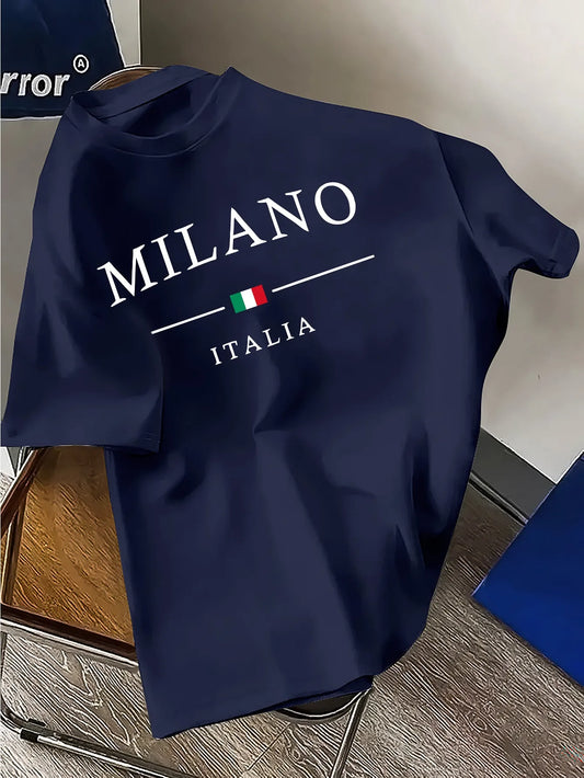 Summer men's 100% pure cotton casual loose plus size fashionable MILANO ITALIA printed round neck short sleeved T-shirt top