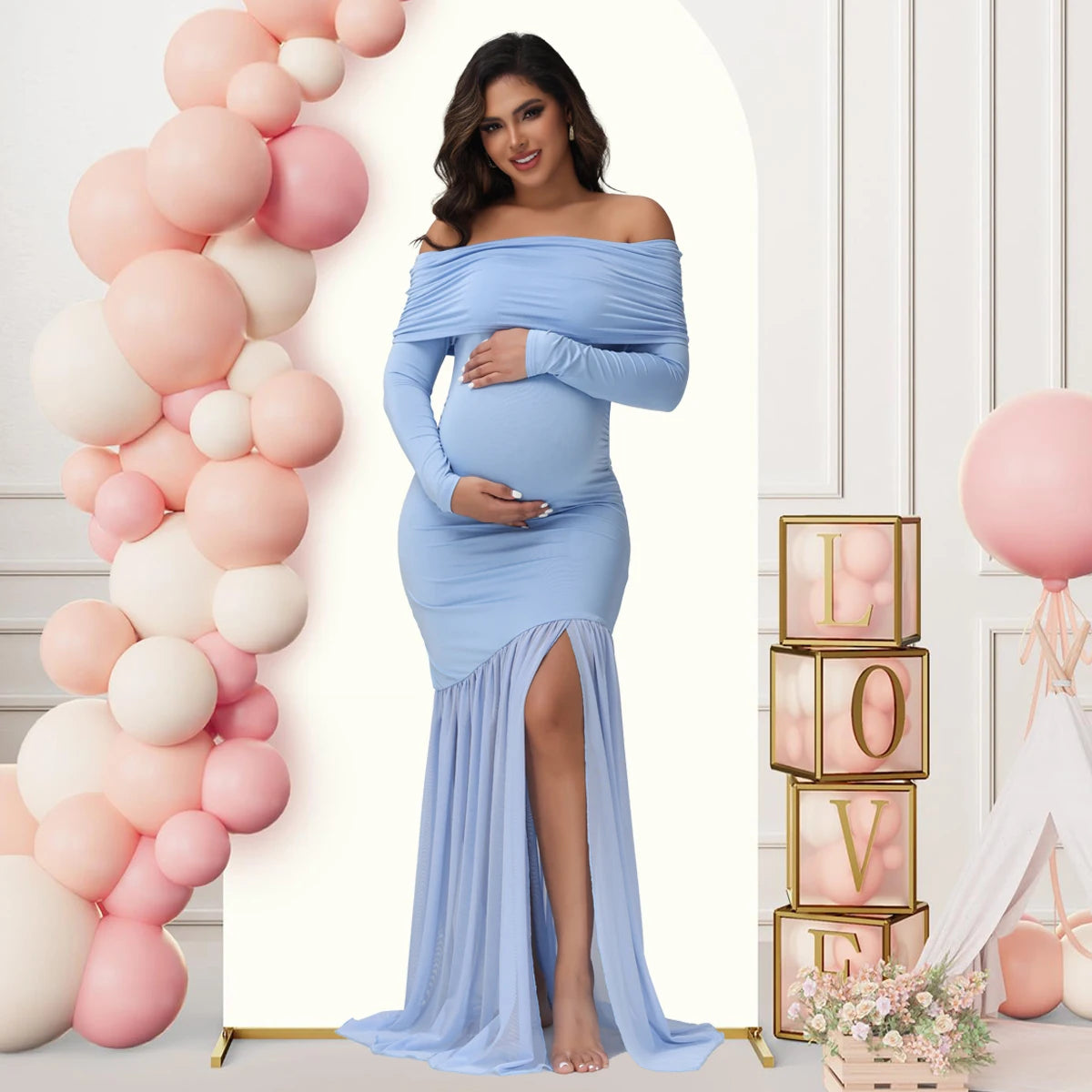 Maternity Dresses Photoshoot Off-Shoulder Slits Fishtail Hem Baby Shower Clothes For Pregnant Woman Evening Party Elegant Gown
