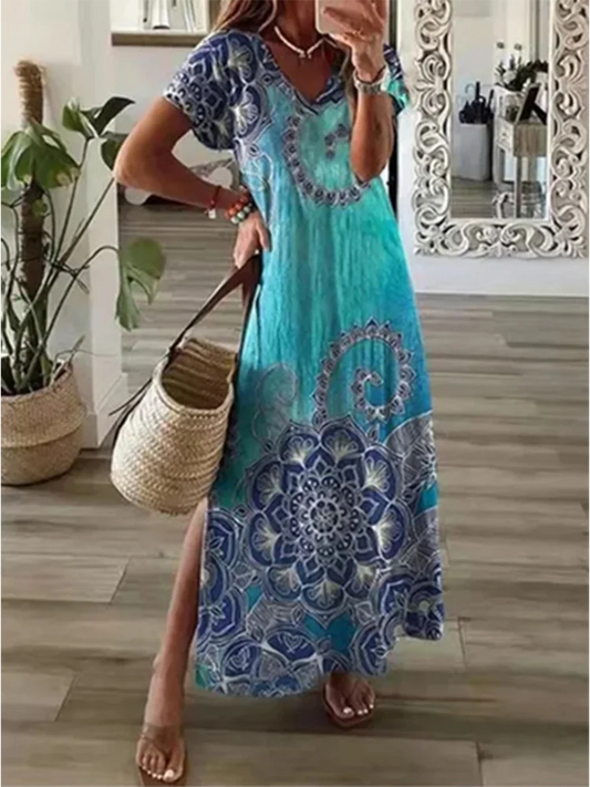 2024 New Summer Fashion V-neck Printed Dress Women's Solid Color Pocket Casual Minimalist Beach Long Dress