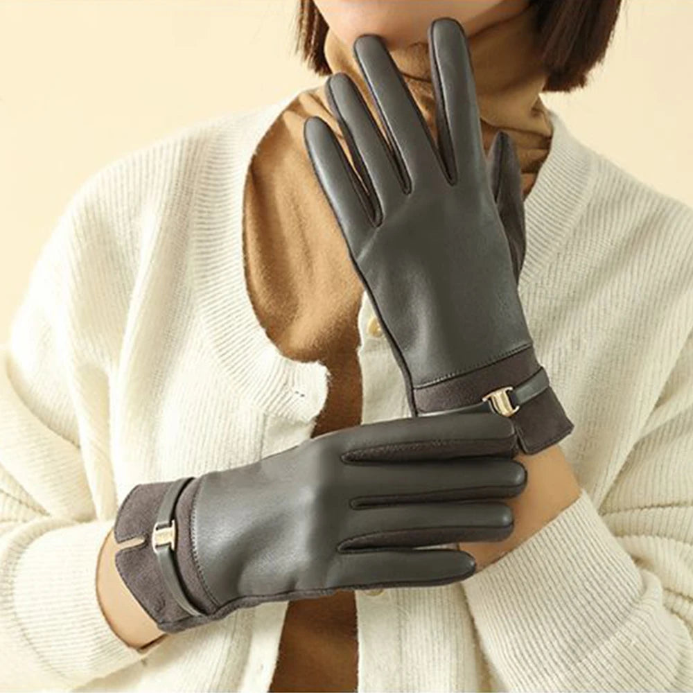 Women Winter Suede Leather Keep Warm Touch Screen Fashion Elegant Gloves Business Style Lightly Waterproof Metal Buckle