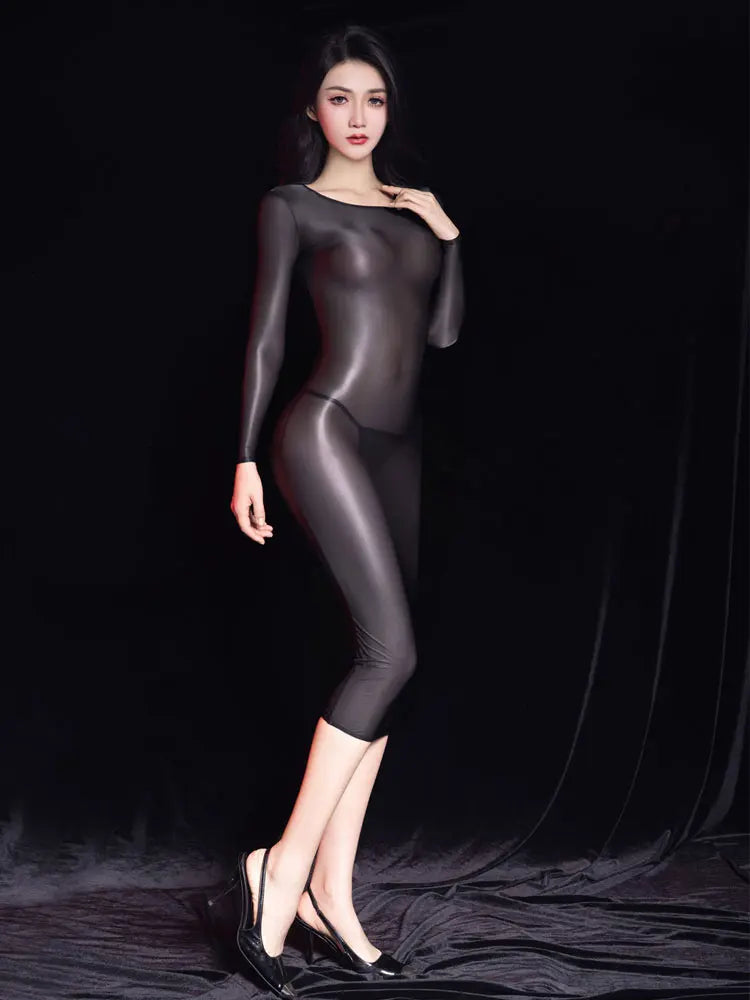 Sexy Women Bodycon Micro Mini Dress Sheer See Through Oil Glossy Shiny Tight Dress Female Hip Up Dress Elastic Pencil Dress Part