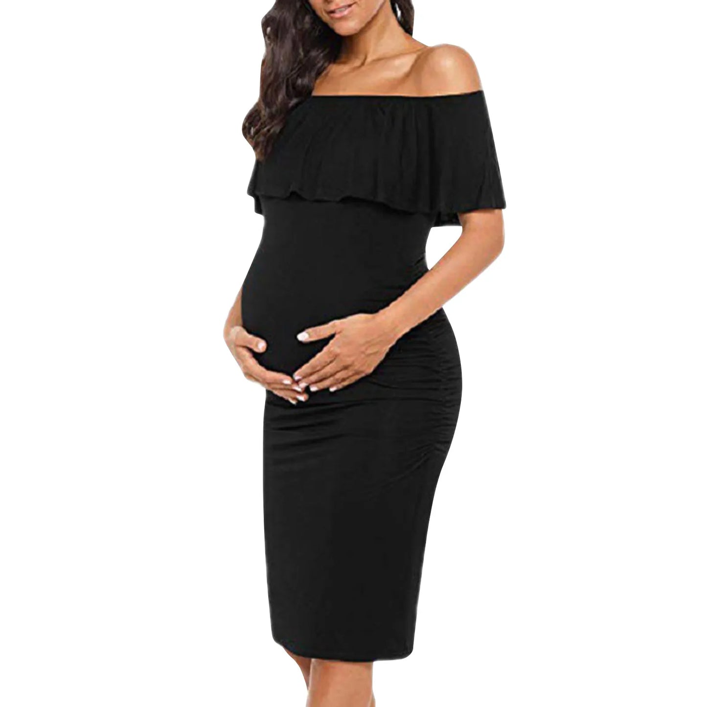 Pregnant Women Pregnancy Dress Fashion Short Sleeve Slash Neck Solid Ruffles Mama Dress Maternity Clothing Dresses
