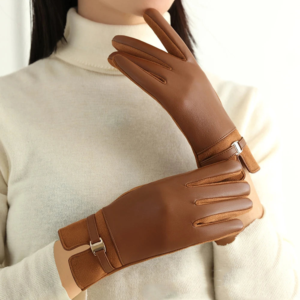 Women Winter Suede Leather Keep Warm Touch Screen Fashion Elegant Gloves Business Style Lightly Waterproof Metal Buckle