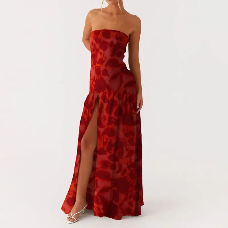 Combhasaki Women Summer Floral Tie-dye Print High Split Backless Ruffled Hem Long Strapless Tube Dress Party Beach Streetwear