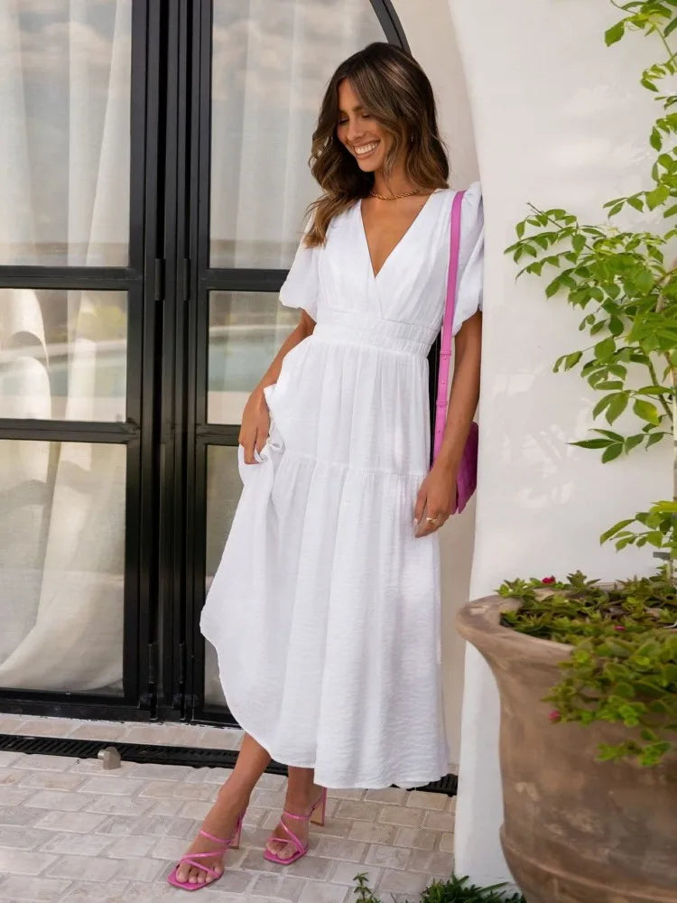 Chic Vintage Lantern Sleeve Ruffles White Dress Women Causal V-neck High Waist Midi Dress Sexy Party Dress Ladies Summer Dress