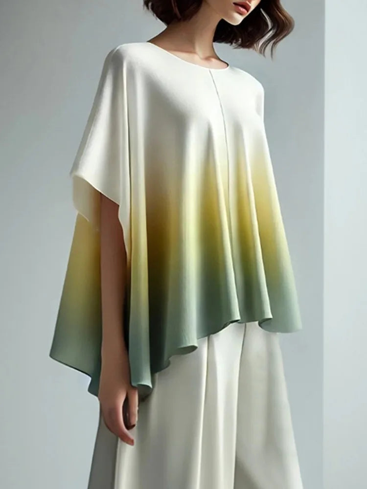 Missuoo Women's 2025 Casual T-shirt Round Neck Short Sleeves Gradient Color Pleated Shirts Female Elegant Summer Shirt Tops