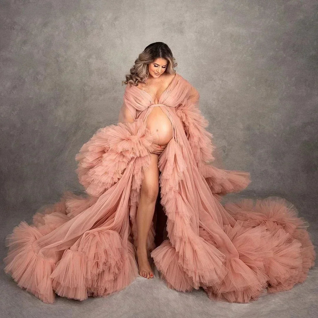 Maternity Dresses for PhotoShoot Gown Ruffled Tiered Customized Pregnant Women Tulle Robe Prom Party Bridal Sleepwear Nightwear