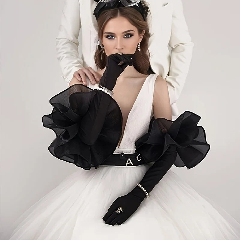 Bridal Gloves Black Gold Velvet Wedding Dress Hand Sleeves Studio Style Black Long Sleeves Cover Arms