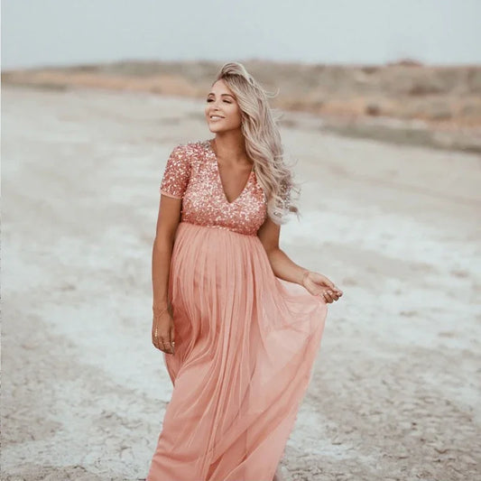 2022 Maternity Dress Women Pregnants Sexy Photography Props Short Sleeve  Solid Lace Long  Art Photo  Clothes