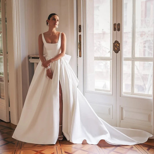 Eightree 2025 A-Line Wedding Dresses Square Collar Sleeveless Satin Bridal Dress Women Evening Wedding Prom Gowns Customized