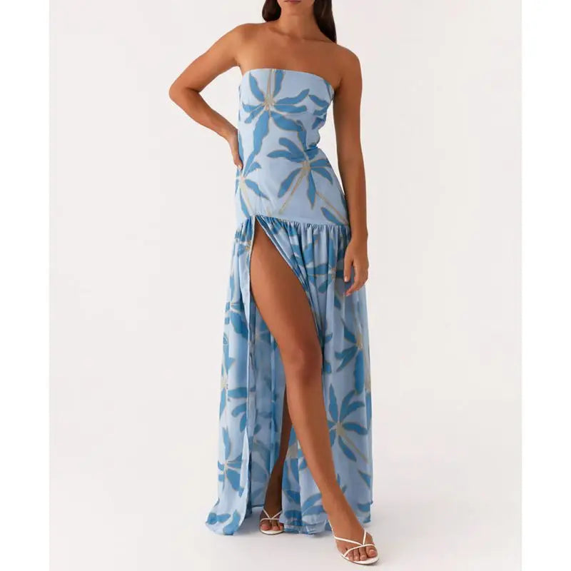 Combhasaki Women Summer Floral Tie-dye Print High Split Backless Ruffled Hem Long Strapless Tube Dress Party Beach Streetwear