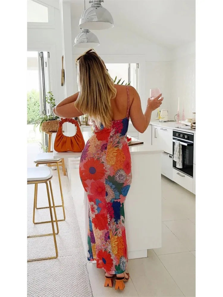 Flower Print Slim Lace Spaghetti Strap Dresses Women Sexy Low Cut Backless Package Hip Bodycon Long Dress Lady Trendy Streetwear