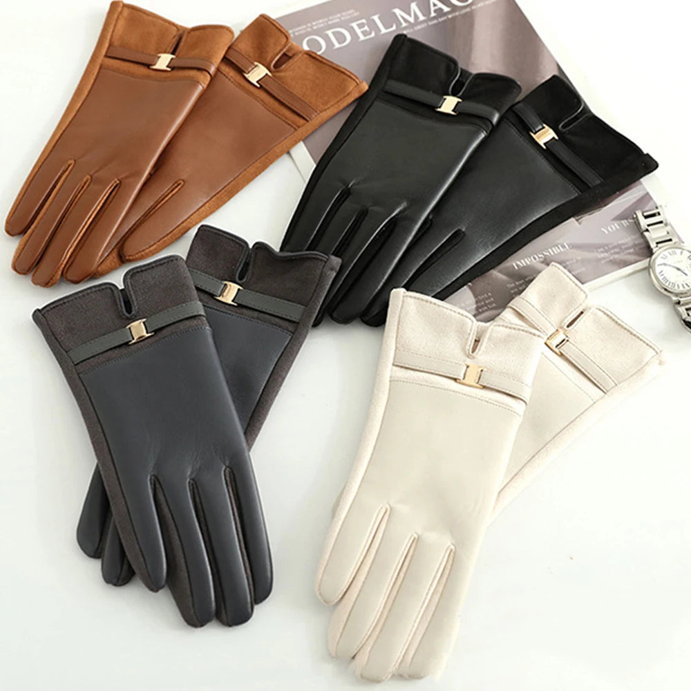 Women Winter Suede Leather Keep Warm Touch Screen Fashion Elegant Gloves Business Style Lightly Waterproof Metal Buckle