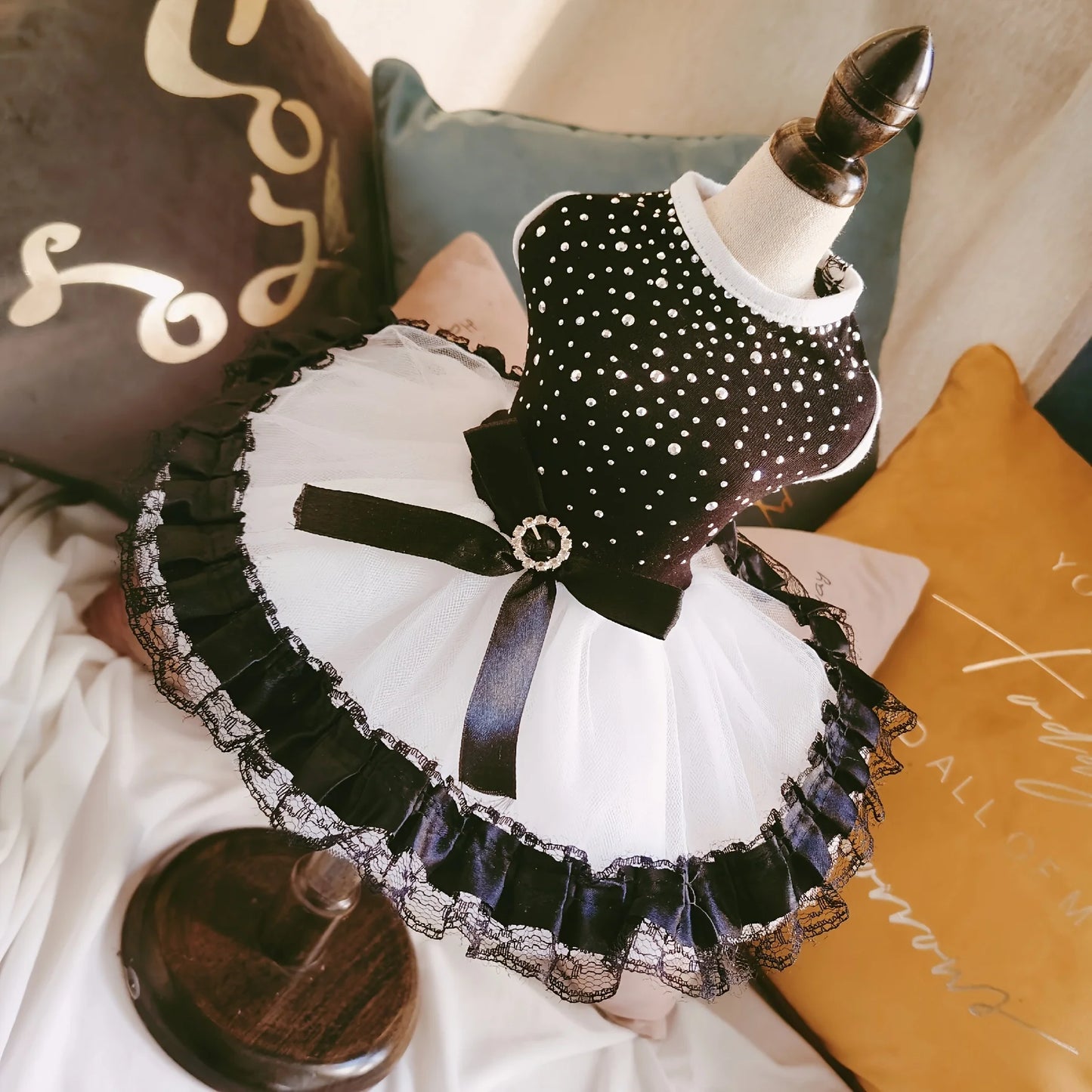 Polka Dot Tutu Dog Dress with Lace Trim, Formal Pet Wedding Attire, Sparkling Sequin Photo Prop, Black and White Cotton-Poly Ble