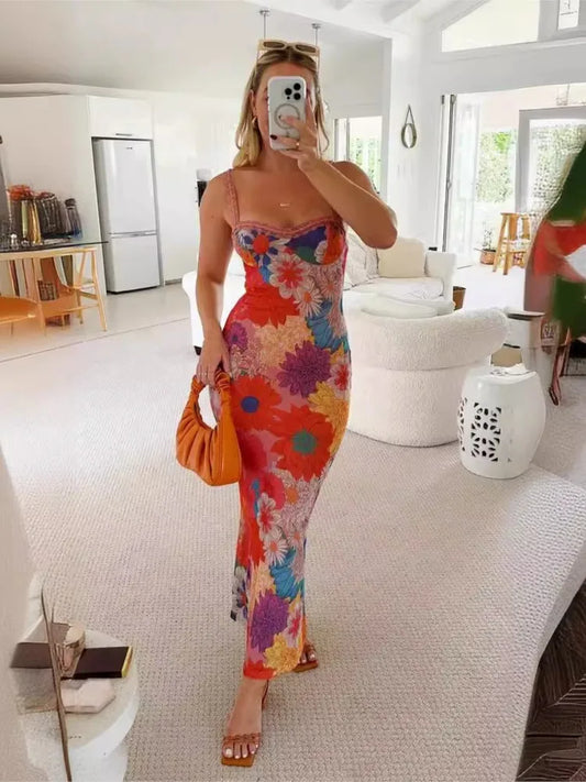Flower Print Slim Lace Spaghetti Strap Dresses Women Sexy Low Cut Backless Package Hip Bodycon Long Dress Lady Trendy Streetwear
