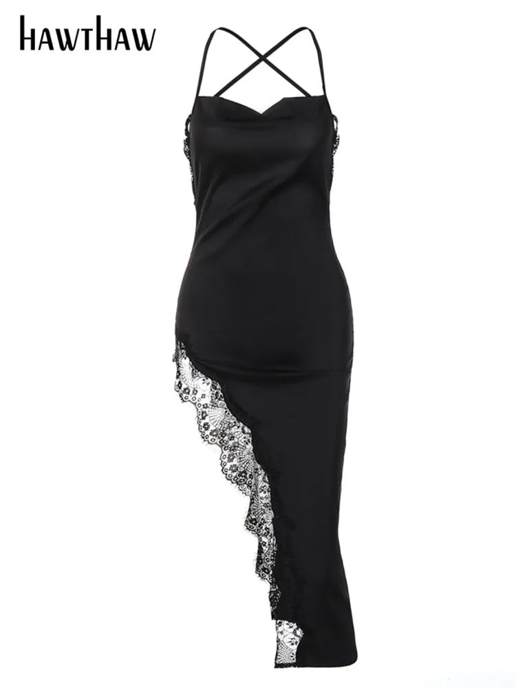 Hawthaw Women Sexy Lace Party Club Backless Bodycon Stain Black Straps Midi Dress Summer Fashion Clothes Wholesale Items Y2K