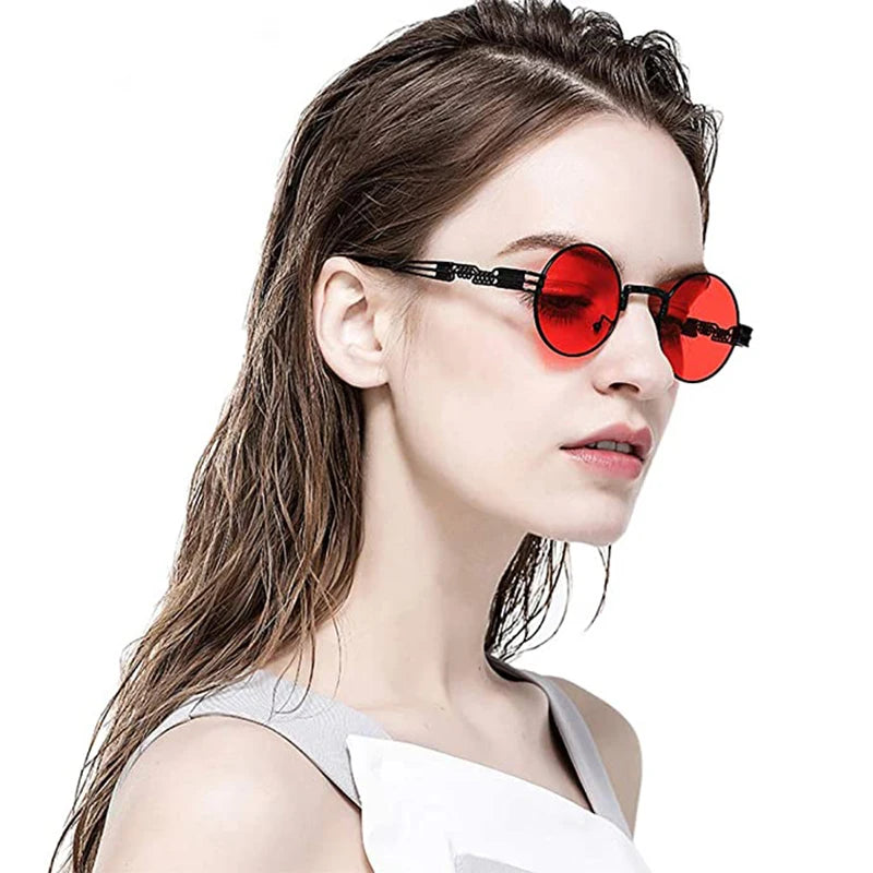 Gothic Steampunk Sunglasses Men Round Red Lens Punk Sun Glasses High Quality Metal Frame Sun Glasses Women UV400 Shades