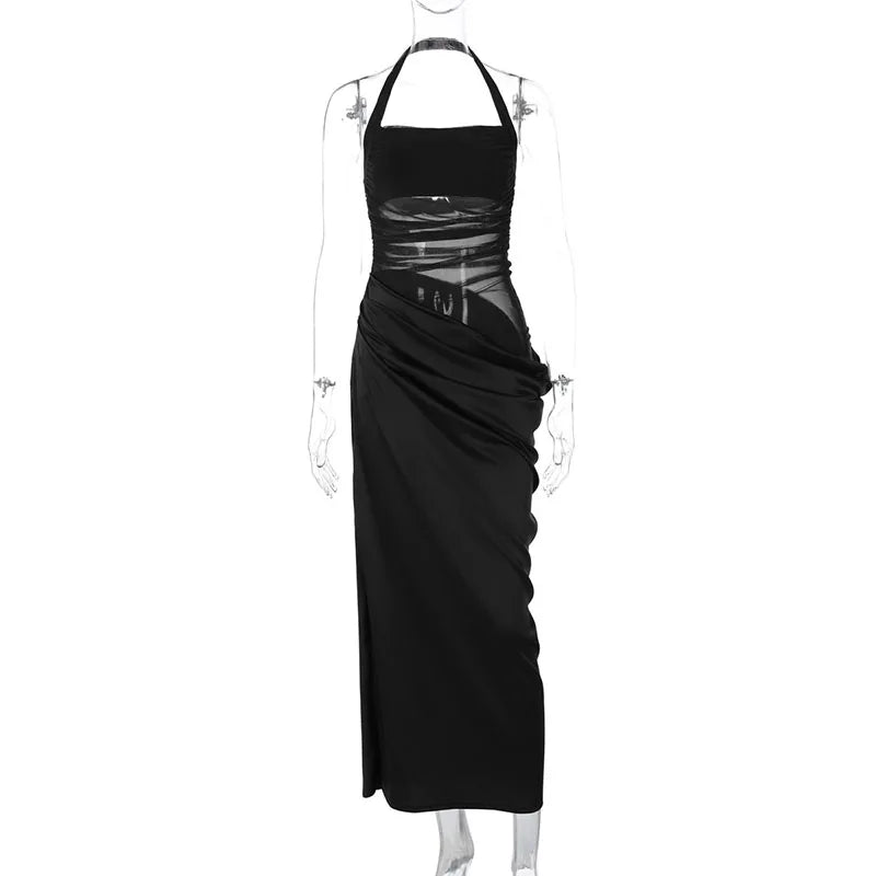 Patchwork Mesh Women Dresses Sexy O Neck Sleeveless Hollow Backless Leaky Waist Slim Long Dress 2025 New Lace Hollow Club Robes