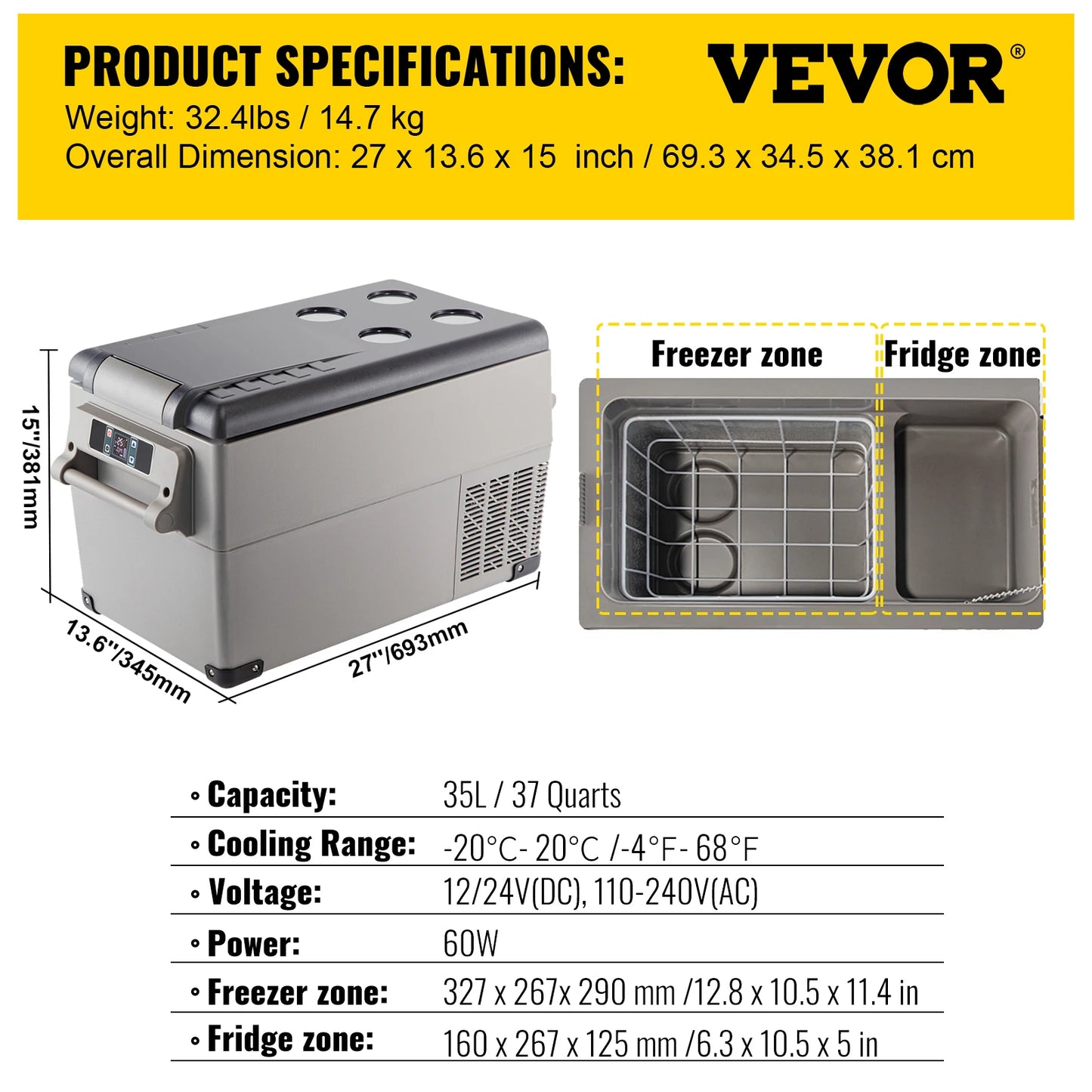 VEVOR 22L 35L 45L 55L Car Refrigerator Mini Fridge Freezer Portable Compressor Cooler 12/24V DC 110-240V Ice Box for Camping