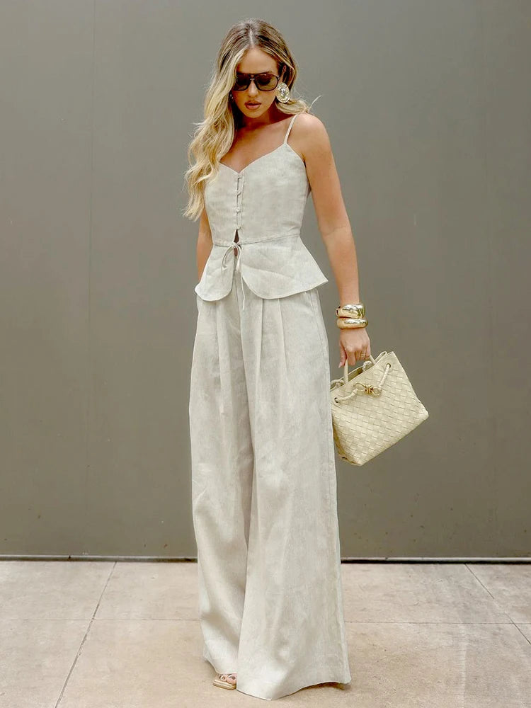 Mueyaruho Women 2025 Summer Office Pant Set Suits Solid Beige Outfits 2 Two Piece Wide Leg Matching Set For Women