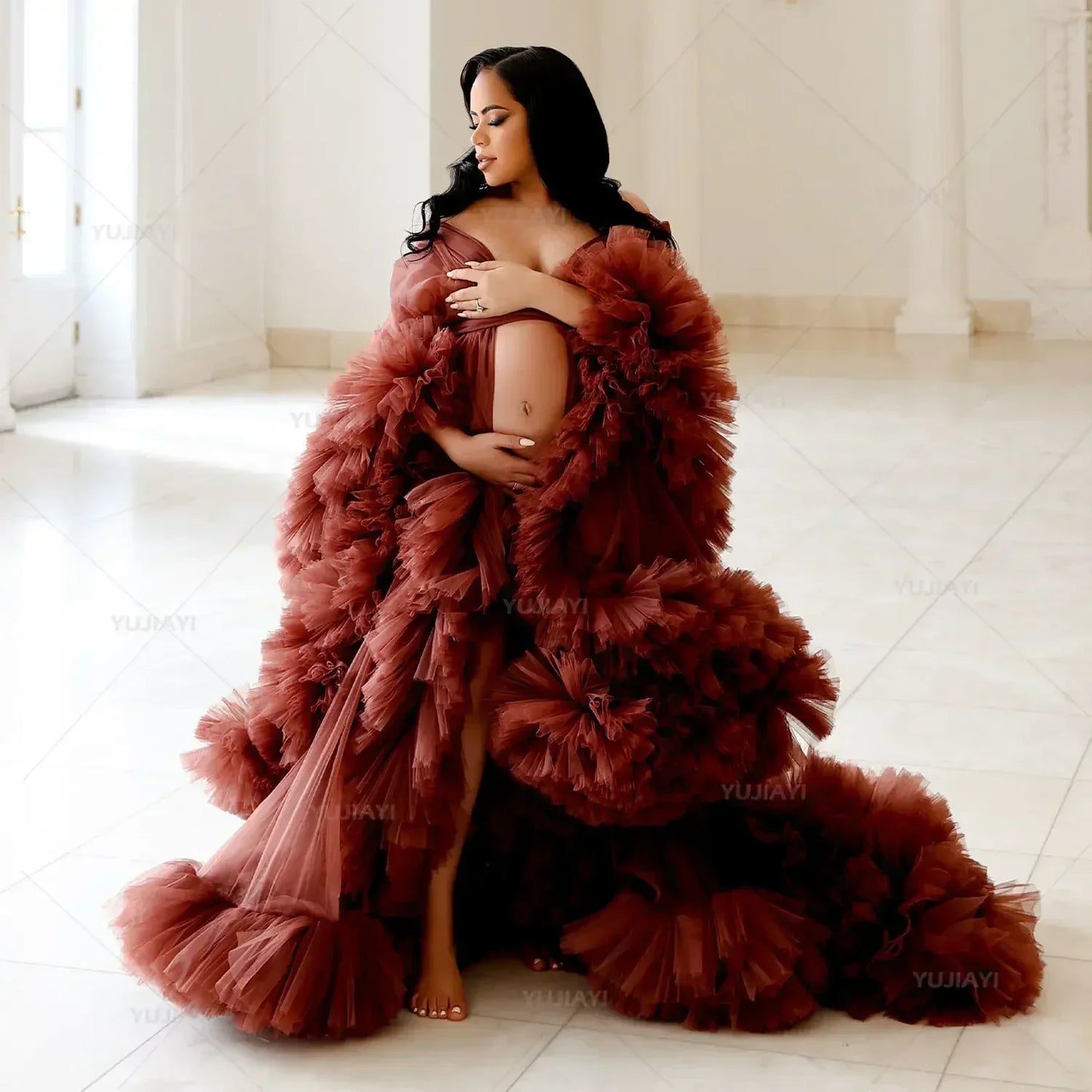 Maternity Dresses for PhotoShoot Gown Ruffled Tiered Customized Pregnant Women Tulle Robe Prom Party Bridal Sleepwear Nightwear