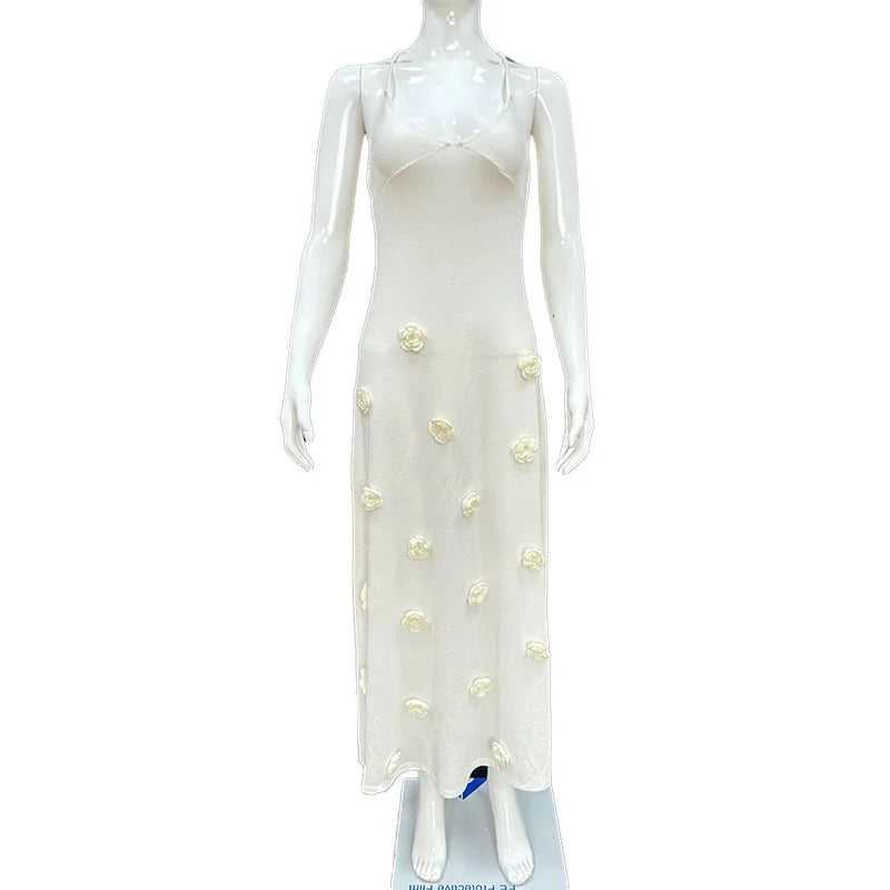 3D Flower Knitted Sling Long Dress Women Sexy Deep V-neck Backless Sleeveless Lace Up Femme Robes 2024 Summer Beach Dresses
