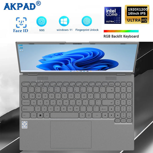 Face ID Laptop 16 Inch IPS Screen 16GB RAM 32GB Intel 11th N95 Netbook Windows 11 Pro Office Notebook RGB Keyboard Portable Pc