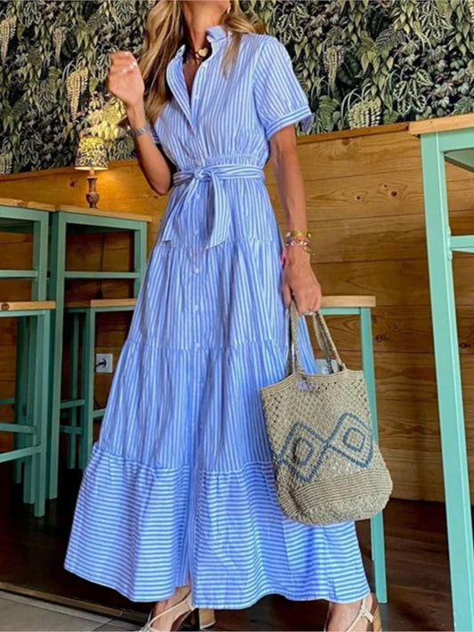 Fashion Striped Print Short-sleeved Loose Long Dress For Women 2024 Summer Casual Preppy style Lace-up Shirt Dresses Robe Femme