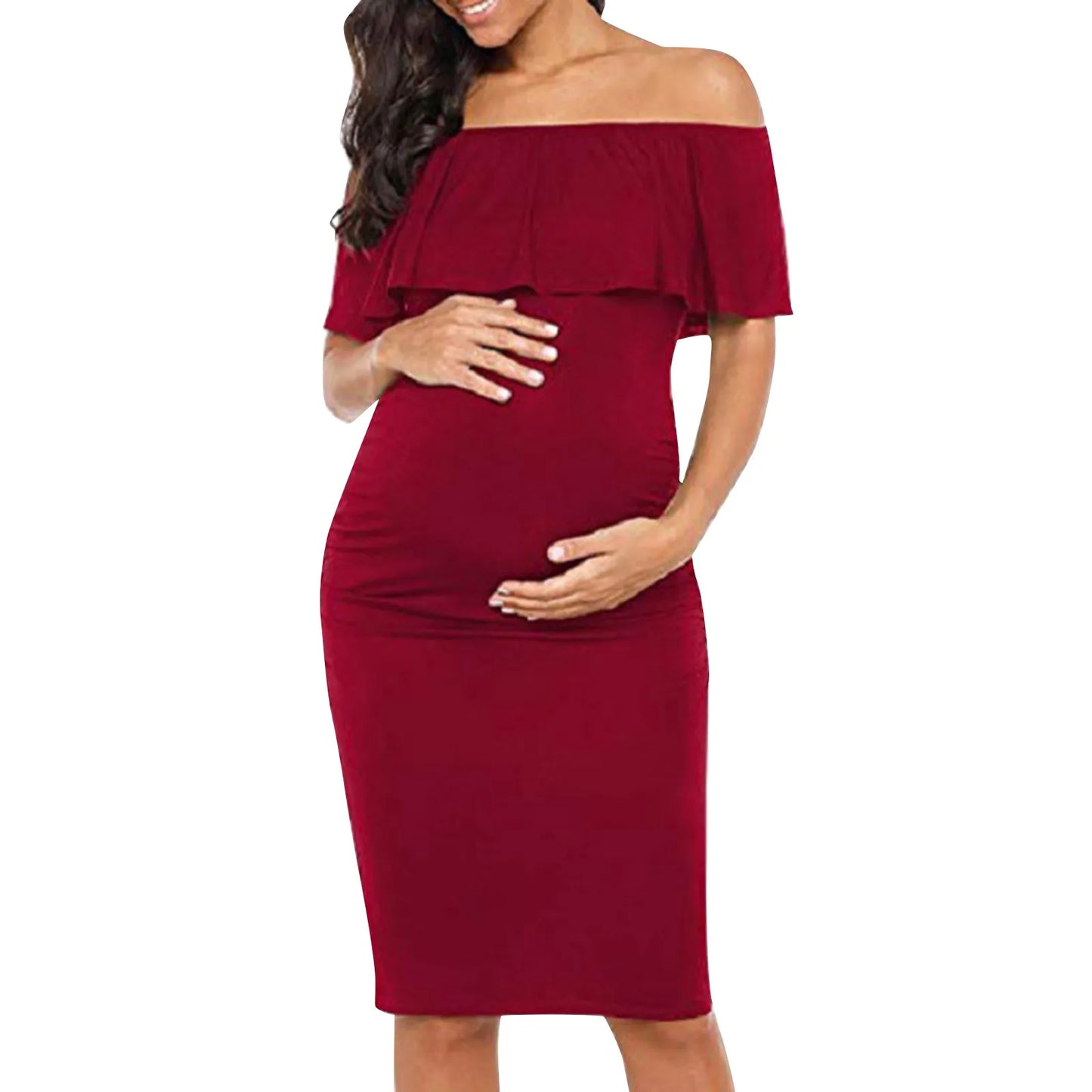 Pregnant Women Pregnancy Dress Fashion Short Sleeve Slash Neck Solid Ruffles Mama Dress Maternity Clothing Dresses