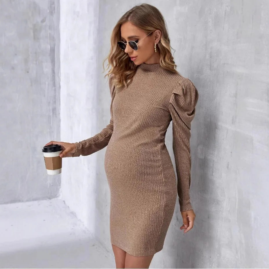 Maternity Dress for Pregnant Women Long Sleeve Pregnancy Clothes Short Dresses High Neck Solid Color Tight Maternity Clothing