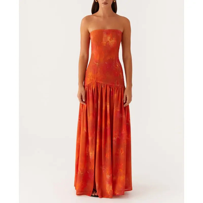 Combhasaki Women Summer Floral Tie-dye Print High Split Backless Ruffled Hem Long Strapless Tube Dress Party Beach Streetwear