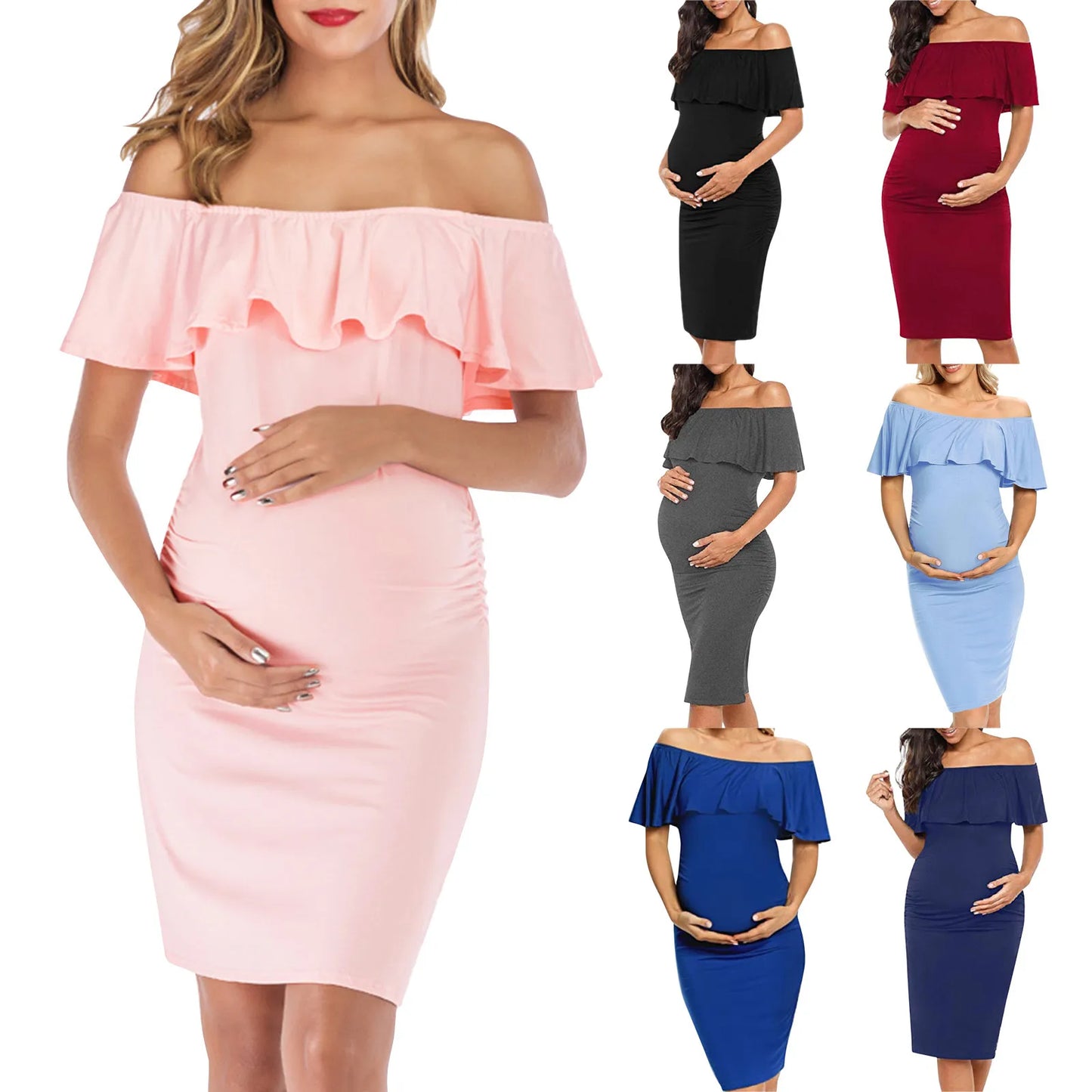 Pregnant Women Pregnancy Dress Fashion Short Sleeve Slash Neck Solid Ruffles Mama Dress Maternity Clothing Dresses