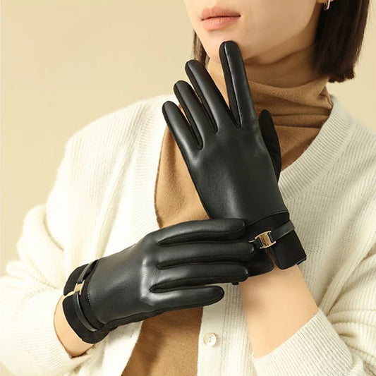 Women Winter Suede Leather Keep Warm Touch Screen Fashion Elegant Gloves Business Style Lightly Waterproof Metal Buckle