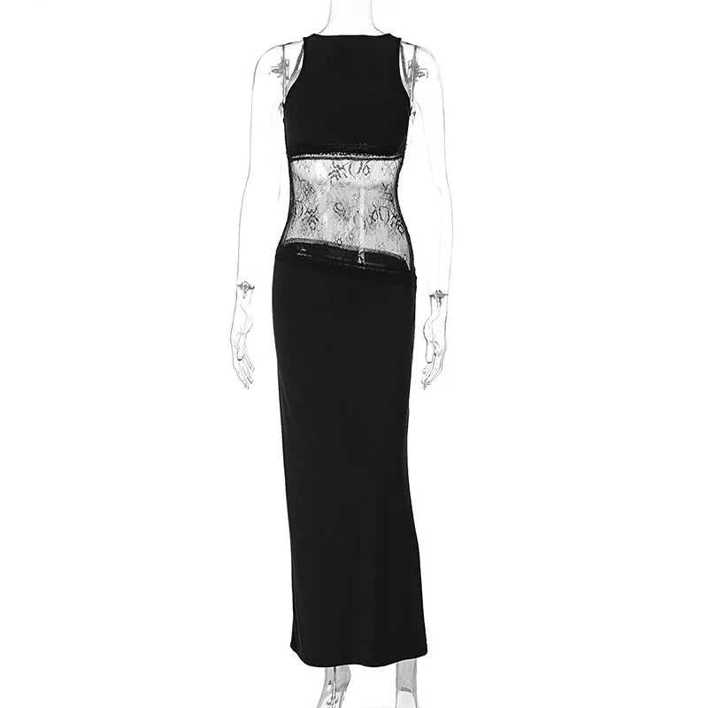 Patchwork Mesh Women Dresses Sexy O Neck Sleeveless Hollow Backless Leaky Waist Slim Long Dress 2025 New Lace Hollow Club Robes