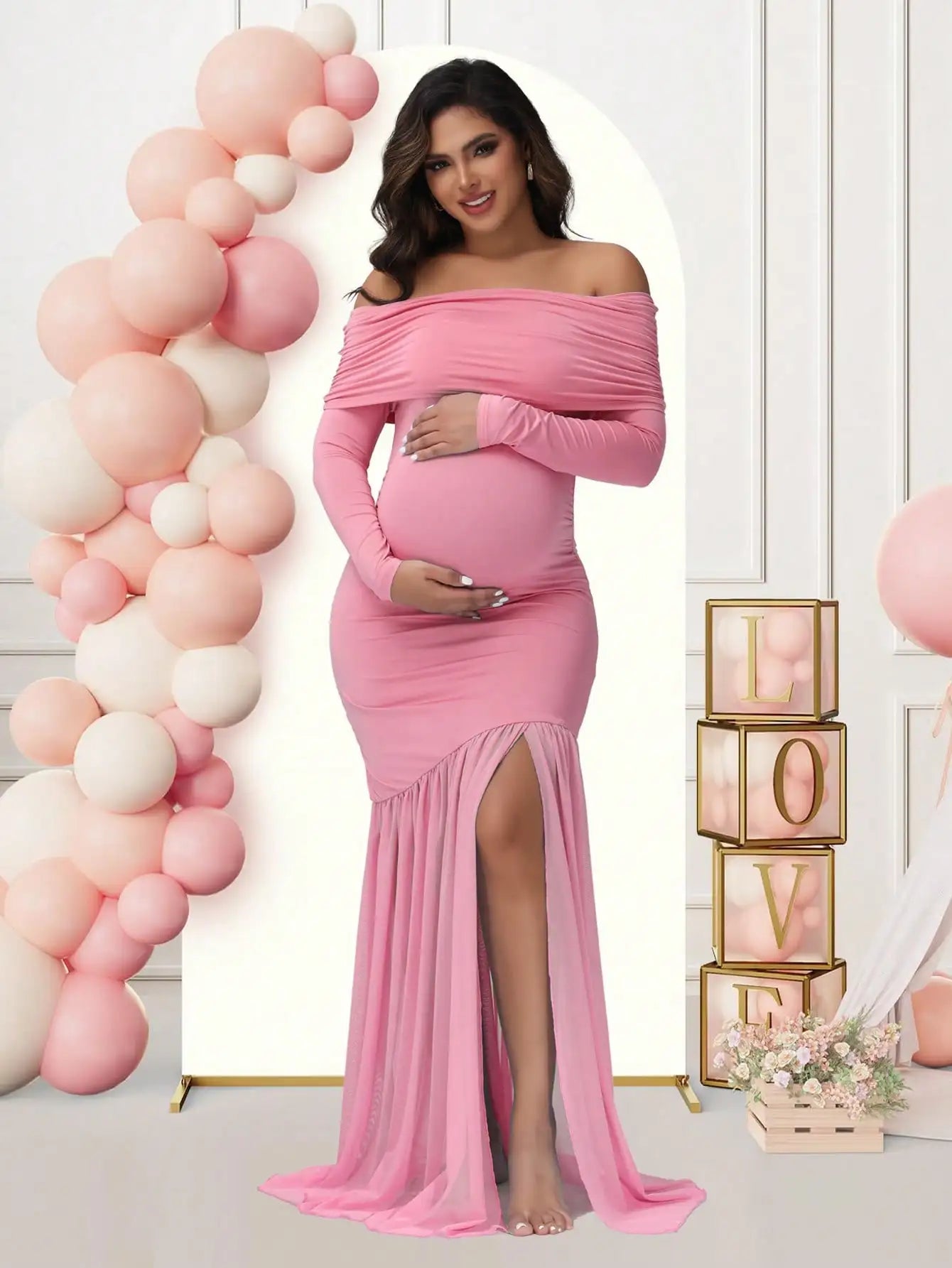 Maternity Dresses Photoshoot Off-Shoulder Slits Fishtail Hem Baby Shower Clothes For Pregnant Woman Evening Party Elegant Gown