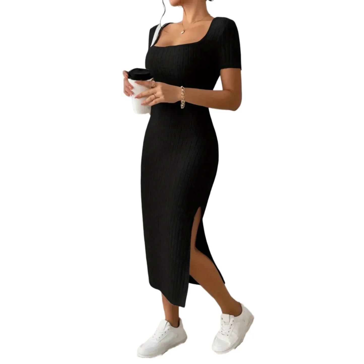 Maternity Dresses Hot Fashion Square Neck Side Knit Solid Color Clothes Pregnant Women Short-sleeved Dress Pregnant Women