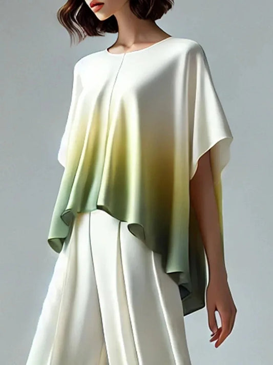 Missuoo Women's 2025 Casual T-shirt Round Neck Short Sleeves Gradient Color Pleated Shirts Female Elegant Summer Shirt Tops