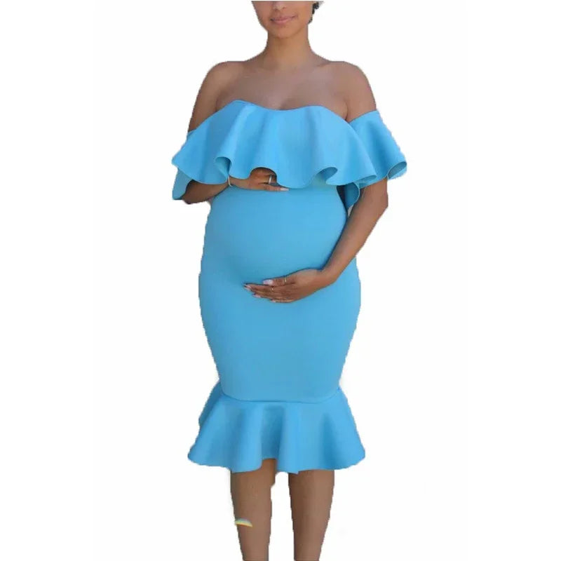 Maternity's Women Clothes Pregnancy Dresses Evening Solid Ruffles Off The Shoulder Maternity Dress Photography Summer Clothing