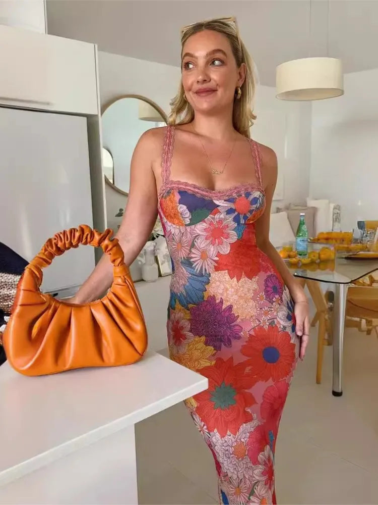 Flower Print Slim Lace Spaghetti Strap Dresses Women Sexy Low Cut Backless Package Hip Bodycon Long Dress Lady Trendy Streetwear