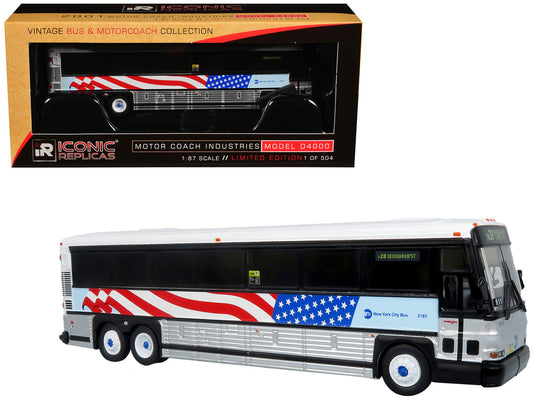 2001 MCI D4000 Coach Bus "MTA New York City - 9/11 Memorial" Silver and White with American Flag Graphics "Vintage Bus & Motorcoach Collection" Limited Edition to 504 pieces Worldwide 1/87 (HO) Diecast Model by Iconic Replicas