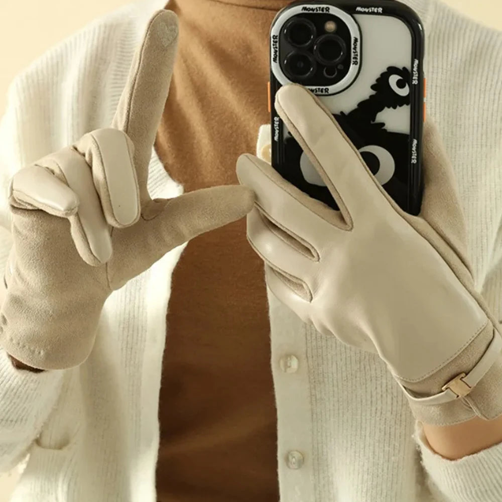 Women Winter Suede Leather Keep Warm Touch Screen Fashion Elegant Gloves Business Style Lightly Waterproof Metal Buckle