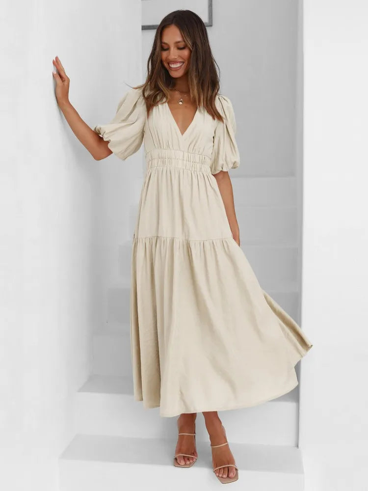 Chic Vintage Lantern Sleeve Ruffles White Dress Women Causal V-neck High Waist Midi Dress Sexy Party Dress Ladies Summer Dress